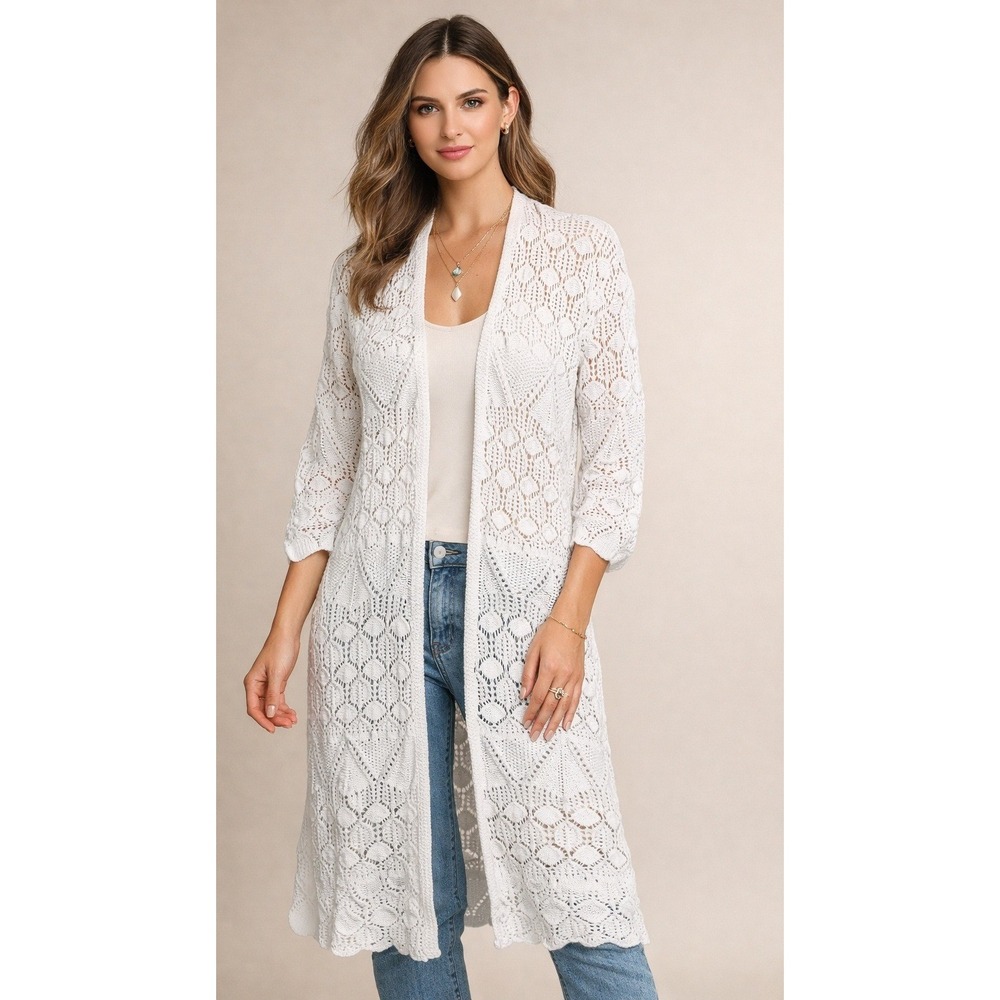 Johnny Was Sweater Women XS White Crochet Cotton Open Duster Cardigan Boho